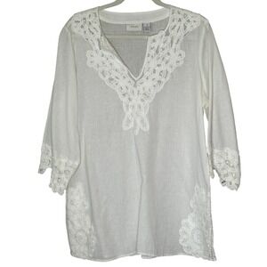 Chico's White Linen Blend Embroidered Lace Trim‎ V-Neck Tunic Top Size Large